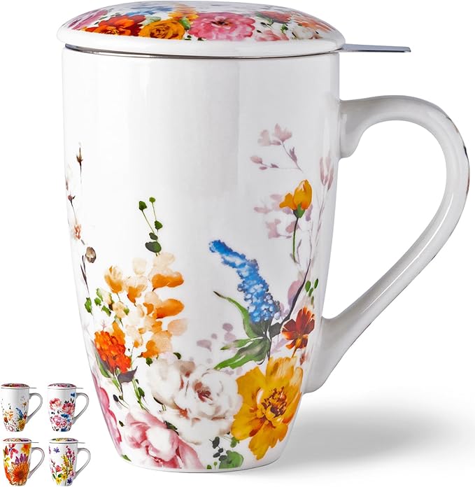 GBHOME Tea Mug with Infuser and Lid, 18 Ounce Large Ceramic Loose Leaf Tea Cup, Microwave, Dishwasher Safe Tea Steeping Mug, Pefect Gift For Tea Lover.