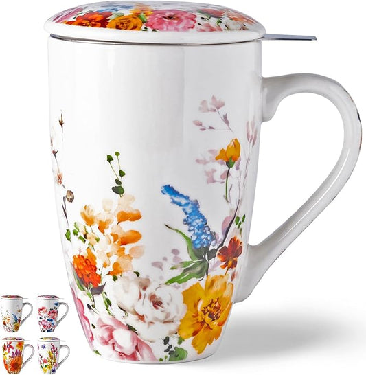 GBHOME Tea Mug with Infuser and Lid, 18 Ounce Large Ceramic Loose Leaf Tea Cup, Microwave, Dishwasher Safe Tea Steeping Mug, Pefect Gift For Tea Lover.