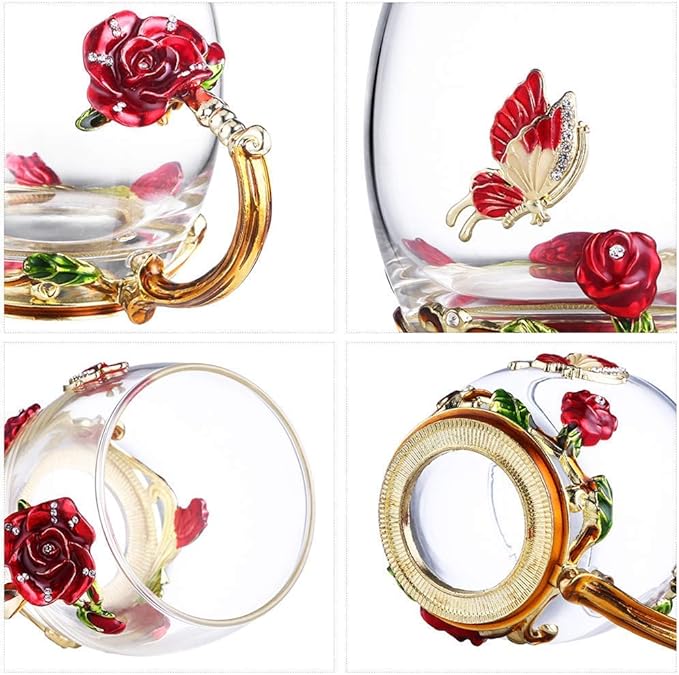 Handicraft Crystal Glass 3D Flower Cups Tea Mug With Tea Spoon Women Coffee, Tea, Juice, Beer, Milk Hot And Cold Drinks Use Gift Package. (Red Rose-Tal)