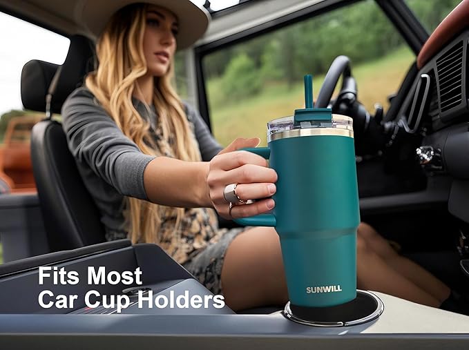 SUNWILL Coffee Tumbler with Handle, 20 oz Travel Mug with Lid and Straw Insulated, Stainless Steel Cup Leak Proof for Travel & Outdoor, Cupholder Friendly, Powder Coated Deep Teal