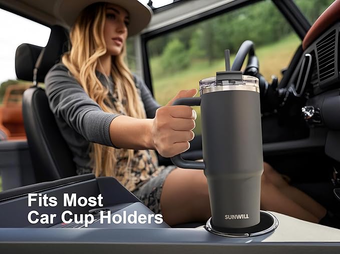 SUNWILL Travel Coffee Mug with Lid, 30 oz Tumbler with Handle and Straw Leak Proof, Stainless Steel Cup Insulated for Office & Camping, Cupholder Friendly, Powder Coated Charcoal