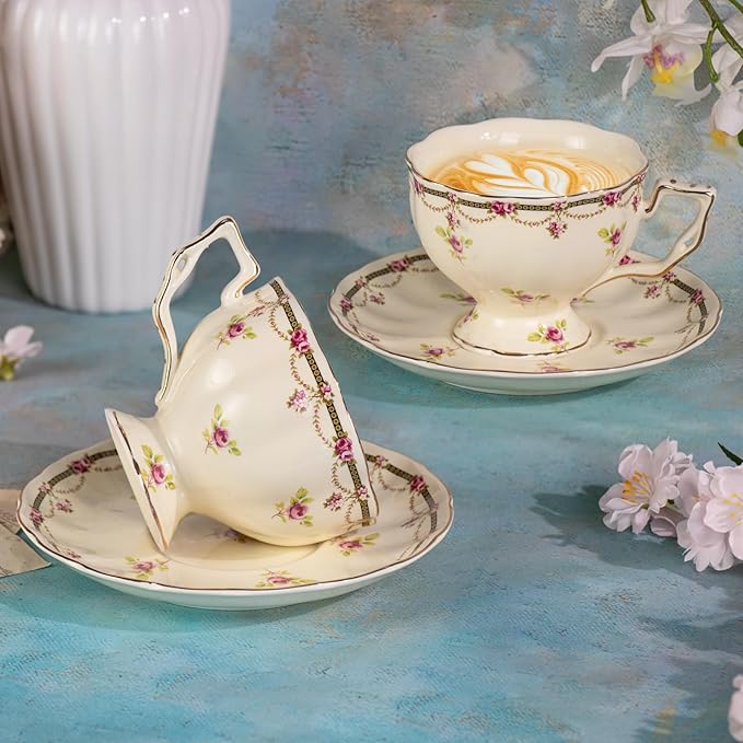 KAMMAK Tea Cups and Saucers Set of 2, Porcelain, 7.8-Ounce | Stackable Espresso Mugs | Imperial Court Collection | Ceramic Demitasse | For Coffee, Latte, Americano, Tea
