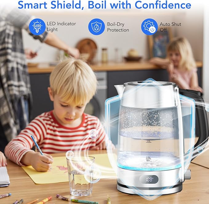 COWSAR Electric Kettle with Precise Temp Control (104-212℉) - Hot Water Kettle, 304 Food-Grade SS & Borosilicate Glass, Custom Keep-Warm, Ambient Light, Auto-Shutoff, Anti-Dry-Boil, 360° Cordless Base