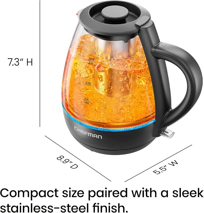 Chefman Electric Kettle with Tea Infuser, 1L 1500W, Removable Lid for Easy Cleaning, Boil-Dry Protection, Stainless Steel Filter, BPA Free, Auto Shut Off Hot Water Boiler, Small Electric Tea Kettle