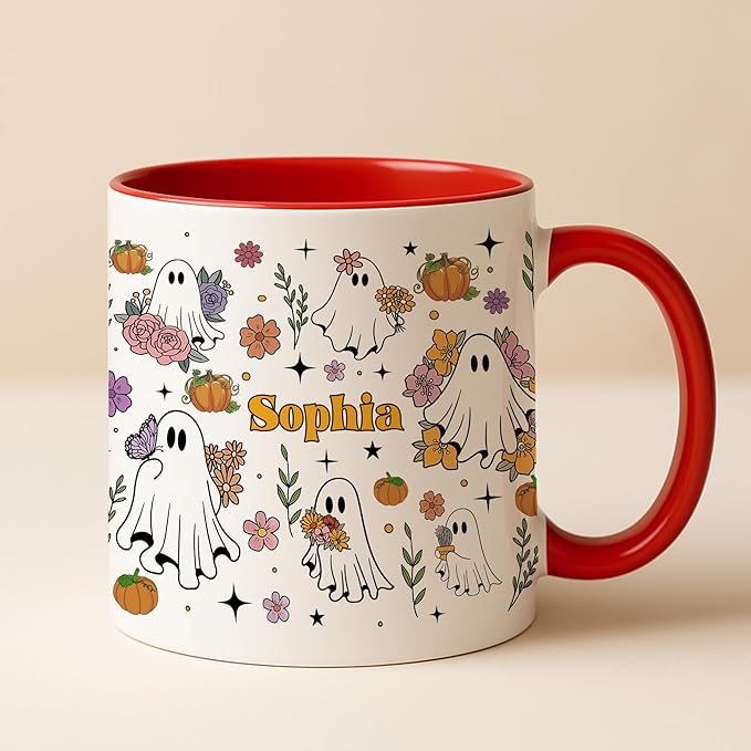 Personalized Halloween Ghost Mug Cute Floral Spooky Cup Halloween-Birthday Gift For Girls From Friends-Coworkers Name Printed Adorable Ghosts With Flowers Ceramic Coffee Mug