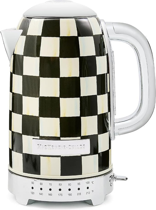 MACKENZIE-CHILDS Electric Kettle, Stainless-Steel Tea Kettle, Black-and-White Courtly Check