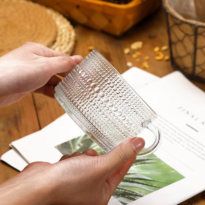 WHJY Vintage Glass Coffee Mugs with Spoon, Set of 2 espresso ribbed glass coffee cup，Embossed Tea Cups, Esthetic Tea Cups for Cappuccino, Latte, Hot Beverages, 14 oz