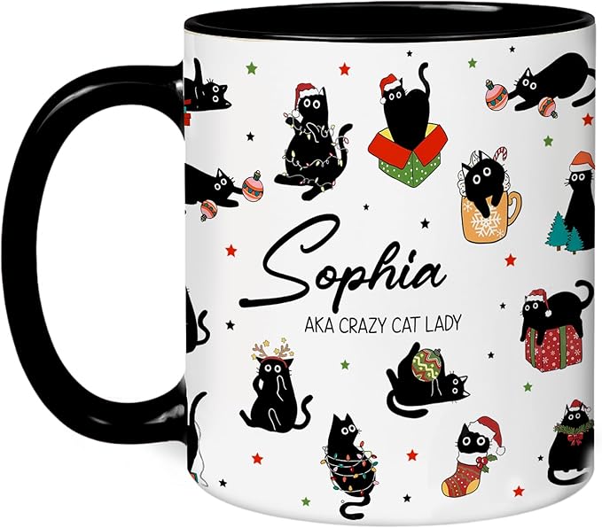 Personalized Cat Coffee Mug - Funny Black Cup - Christmas Birthday Anniversary Graduation Gift For Mom From Daughter - Cute Tea Mug For Women Cat Lover Present