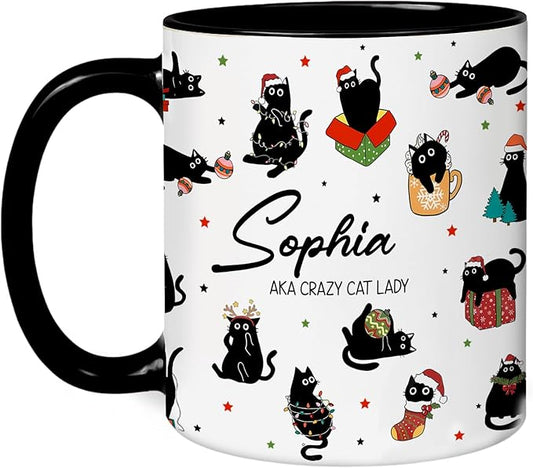 Personalized Cat Coffee Mug - Funny Black Cup - Christmas Birthday Anniversary Graduation Gift For Mom From Daughter - Cute Tea Mug For Women Cat Lover Present