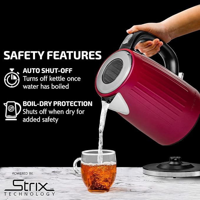 OVENTE Electric Kettle, 1.7L Stainless Steel Fast Boiling Water Heater with 1750W Power, BPA Free & Cordless Body, Auto Shut-Off, Boil-Dry Protection, Indicator Light & Removable Filter, Maroon KS711M