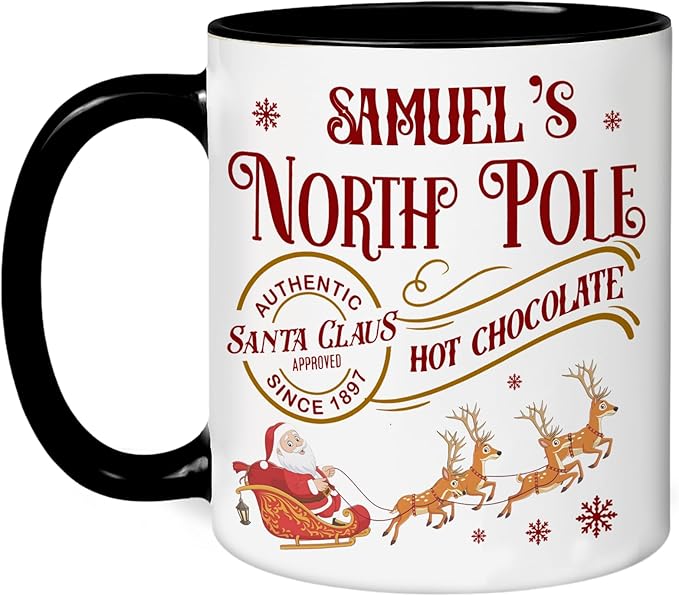 Personalized Funny Christmas Hot Cocoa Mug – Santa Gift, Unique White Elephant Exchange Present – Custom North Pole Hot Chocolate Ceramic Coffee Cup for Friends, Family, and Holiday Parties