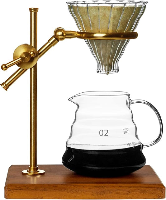 L'ÉPICÉA Pour Over Coffee Maker Set, Pour Over Coffee Maker with Stand, Adjustable Stainless Steel Stand, Wooden Base, Paper Filters, Cone Glass Coffee Carafe, Pour Over Coffee Dripper