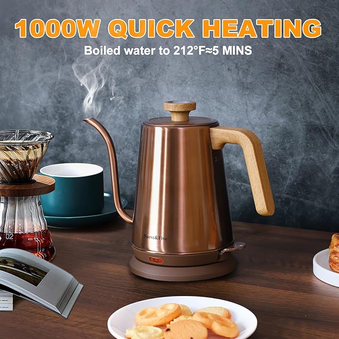Nueve&Five Gooseneck Electric Kettle with Thermometer, Copper Tea Kettle with Auto Shut-Off,1000W Hot Water Kettle Electric of Stainless Steel,Electric Kettles for,Coffee & Tea