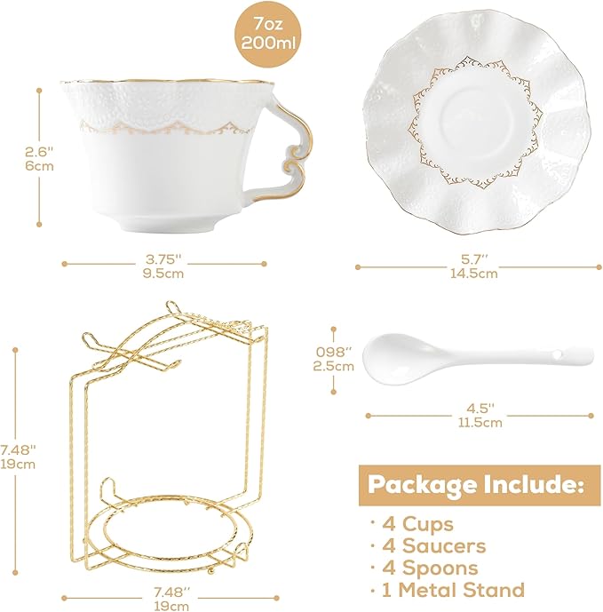 DUJUST Tea Cups and Saucers with Golden Trim,Set of 4 (7 OZ), Luxury Relief Printing Coffee Cups with Metal Stand, British Royal Porcelain Tea Party Set - White