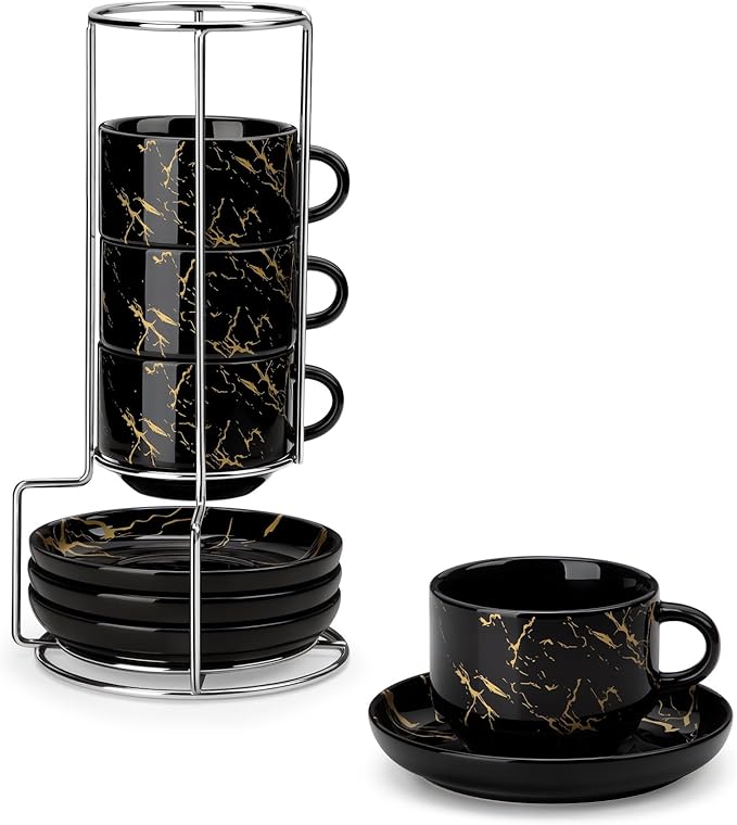 MALACASA 2.5 OZ Porcelain Espresso Cups with Saucers and Metal Stand Set of 4, Stackable Cappuccino Cups, Marble Black Expresso Shots Cup Set for Coffee Drinks, Latte, Tea
