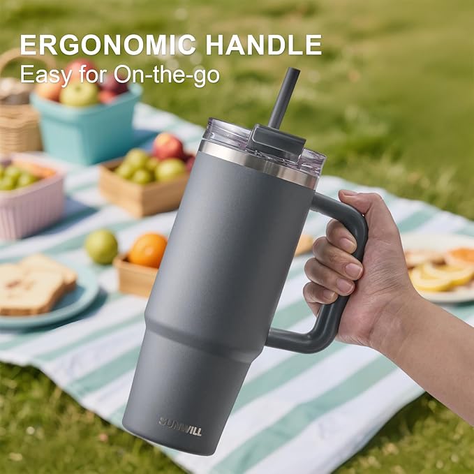 SUNWILL Travel Coffee Mug with Lid, 30 oz Tumbler with Handle and Straw Leak Proof, Stainless Steel Cup Insulated for Office & Camping, Cupholder Friendly, Powder Coated Charcoal