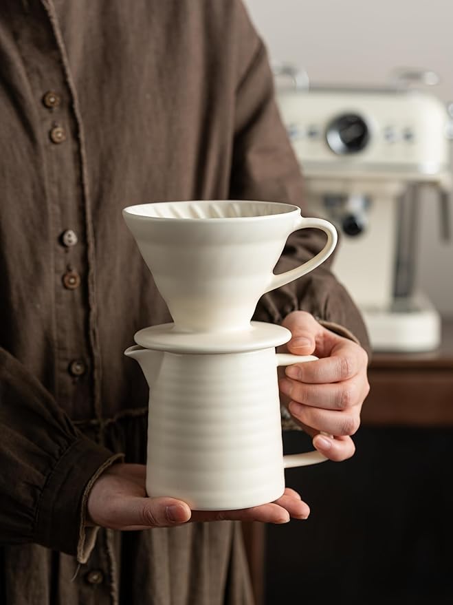 Pour Over Coffee Maker Set,Ceramic Coffee Maker With 40 pcs Paper Filter，15oz/450ml Pour Over Coffee Dripper (White)