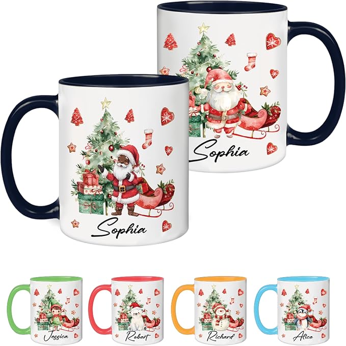 Personalized Black Santa Christmas Mugs – Custom Coffee Cup with Name – Holiday Hot Cocoa Mug Gift for Dad, Mom, Friends – Unique Christmas Ceramic Cup
