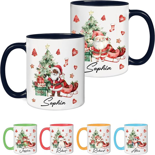 Personalized Black Santa Christmas Mugs – Custom Coffee Cup with Name – Holiday Hot Cocoa Mug Gift for Dad, Mom, Friends – Unique Christmas Ceramic Cup