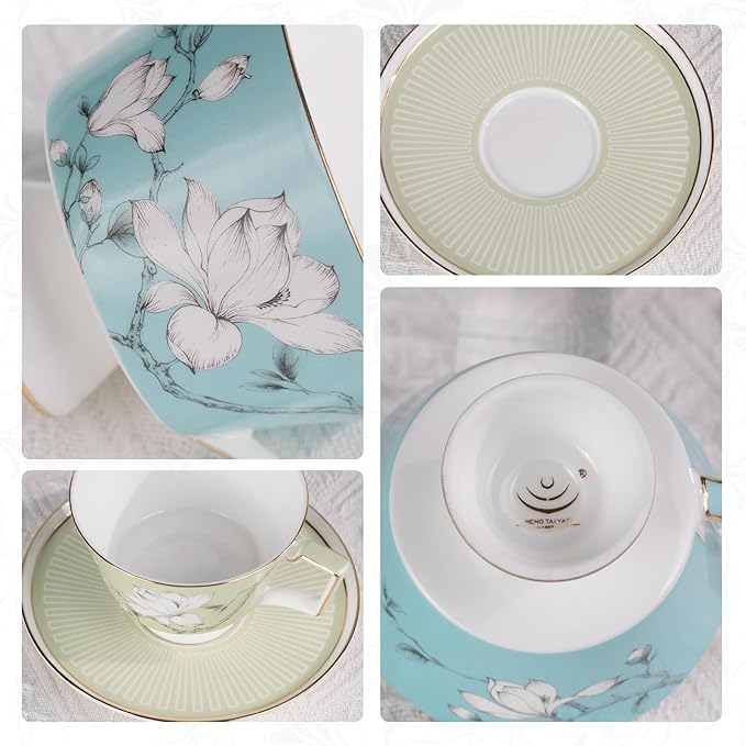 KAMMAK Ceramic Coffee Cups Saucers Set of 2, Porcelain Espresso Cups with Saucers, 8.12 oz Handcrafted Elegant Bone China Tea Cups, Blue & Sage Green Flower Teacup for Party, Office, Women Gift