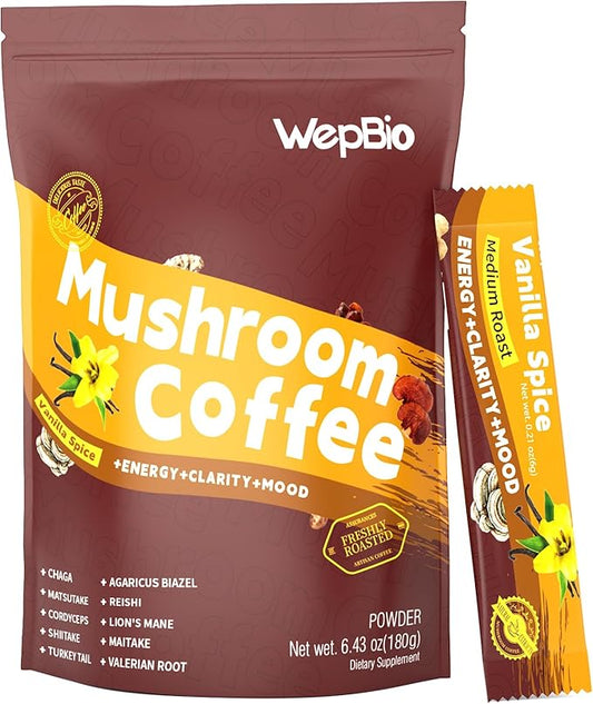 Mushroom Coffee 11 in 1 Adaptogenic Mushroom Blend with Ashwagandha KSM-66,Lions Mane,Reishi,Turkey Tail Vanilla Instant Mushrooms Coffee for Boost Energy,Focus,Sugar-Free,30 Servings
