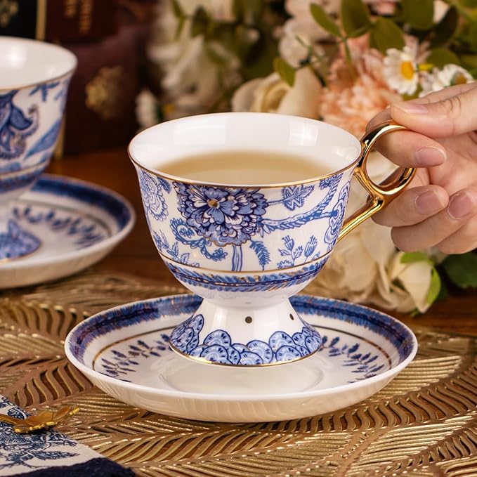 KAMMAK Tea Cups and Saucers Set of 2, Fine Bone China Coffee Cups, 8.5-Ounce Stackable Espresso Mugs, Ceramic Demitasse for Coffee, Cappuccino, Latte, Americano, Tea, Tall Navy