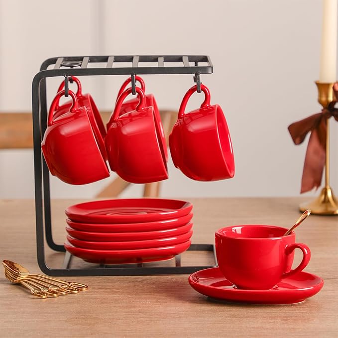 vicrays Ceramic Espresso Coffee Cups - 4 oz Porcelain Espresso Cups Set with Saucers Spoons and Metal Stand for Tea Cafe Cappuccino Latte - Set of 6 - Red