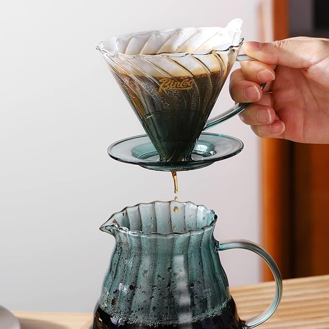 Bincoo Pour Over Coffee Maker Set with Dripper Size 02,600ml Glass Coffee Server Set,60 Angle Tapered Glass Coffee Dripper with Stand&Filter Paper for Home Office Gift (Blue)