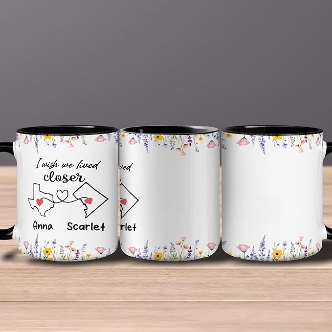 Personalized Friend Mug - Long Distance Best Friend Birthday Gifts - Birthday Wedding Gift For Women - Custom Names States - Floral Design - Thoughtful Coffee Cup