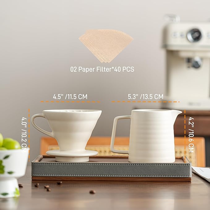 Pour Over Coffee Maker Set,Ceramic Coffee Maker With 40 pcs Paper Filter，15oz/450ml Pour Over Coffee Dripper (White)