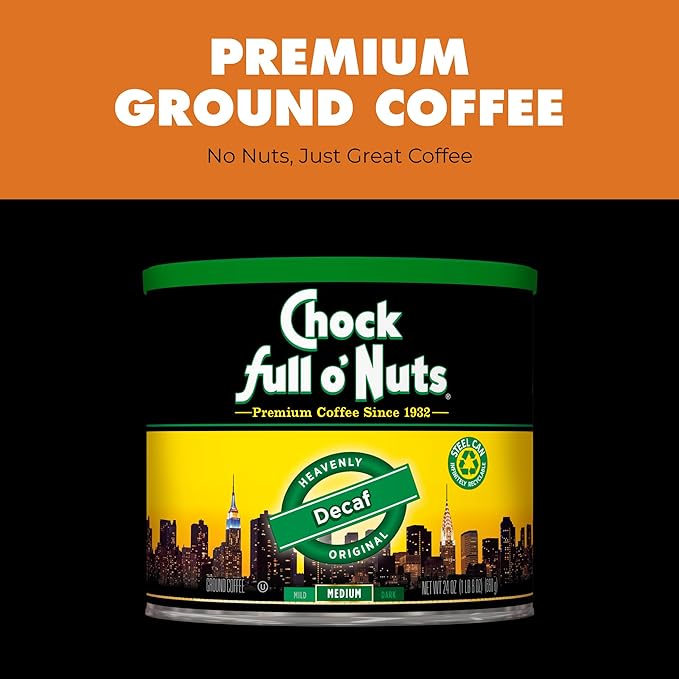 Chock Full o' Nuts Heavenly Original Decaf Ground Coffee – Premium Beans in Recyclable Steel Can – Rich Flavor & Aroma, Medium Roast – Perfect for Drip, Pour-Over, Percolator – 24 Oz Can
