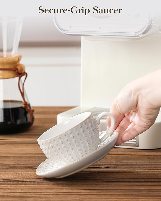 MALACASA 6 OZ Cappuccino Cups with Saucers Set of 4 - Ceramic Stackable Tea Cups and Saucers, Embossment Coffee Mugs for Tea, Latte and Mocha, Dishwasher Safe, Arctic white