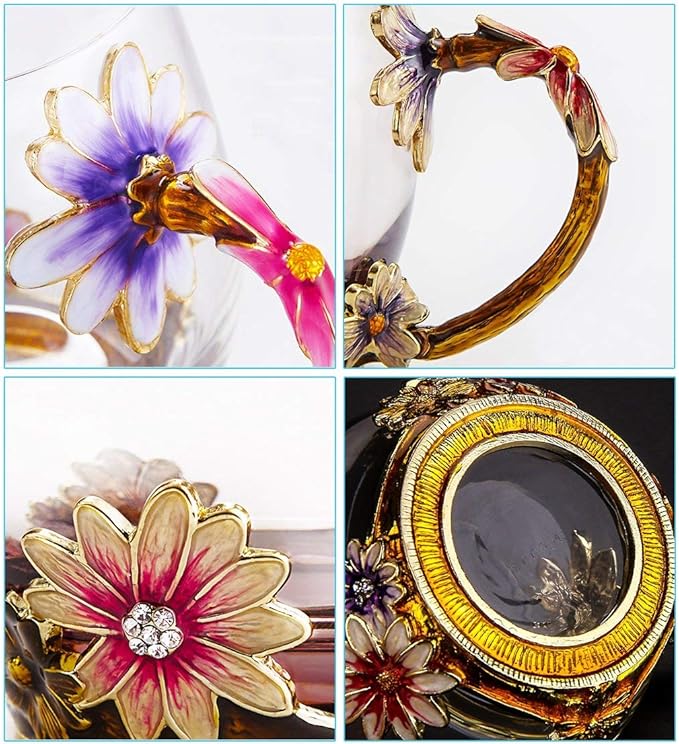 Handicraft Crystal Glass 3D Flower Cups Tea Mug With Tea Spoon Women Coffee, Tea, Juice, Beer, Milk Hot And Cold Drinks Use Gift Package. (Chrysanthemum, 12 OZ)