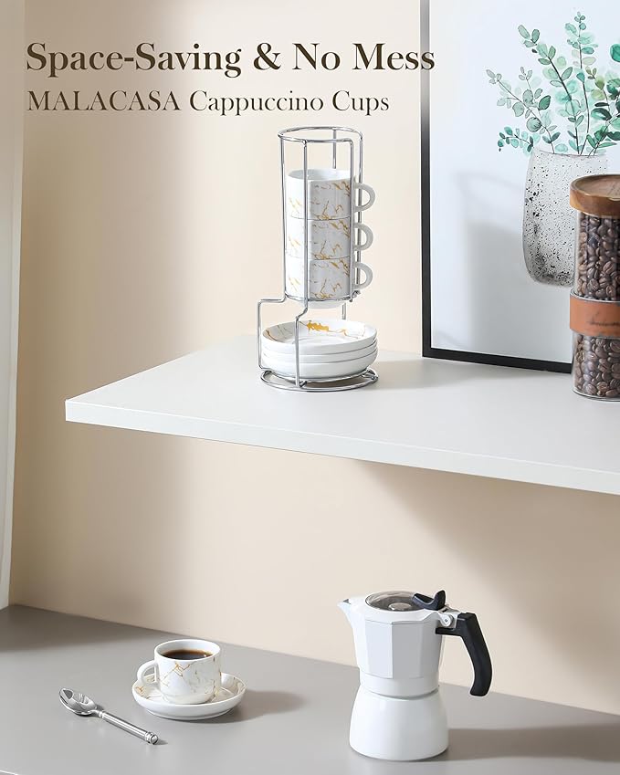 MALACASA 2.5 OZ Porcelain Espresso Cups with Saucers and Metal Stand Set of 4, Stackable Cappuccino Cups, Marble White Expresso Shots Cup Set for Coffee Drinks, Latte, Tea