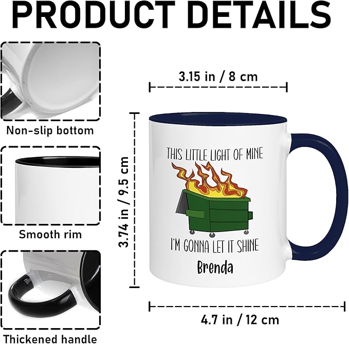 Personalized Funny Dumpster Fire Coffee Mug – Custom Name Cup with Quote “This Little Light of Mine I’m Gonna Let It Shine” – Unique Gag Gift, White Elephant Christmas Cup