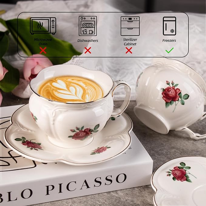 KAMMAK Tea Cups and Saucers Set of 2, Porcelain Coffee Cups, 6.8-Ounce Stackable Espresso Mugs, Ceramic Demitasse for Coffee, Latte, Americano, Tea, Baroque Rose