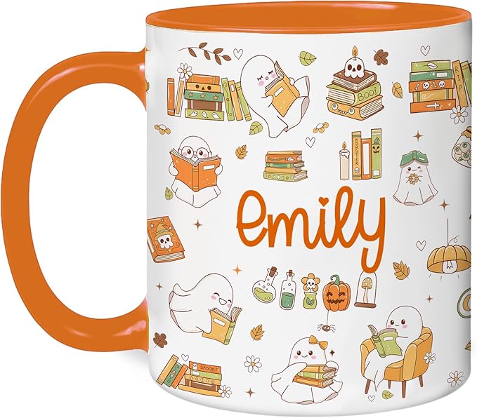 Halloween Book Lover Coffee Mug – Cute Ghost Cup with Name – Fall Coffee Mug for Women, Christmas Birthday Present, or Unique Bookish Gift for Readers – Personalized Reading Lover Cup