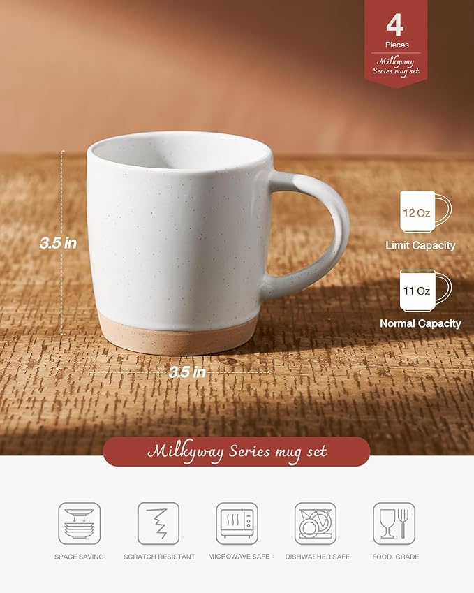 famiware Coffee Mugs for 4, 12 oz Mug Set, Dringking Cup with Handle for Coffee, Tea, Cocoa, Milk, Milkyway serise, White