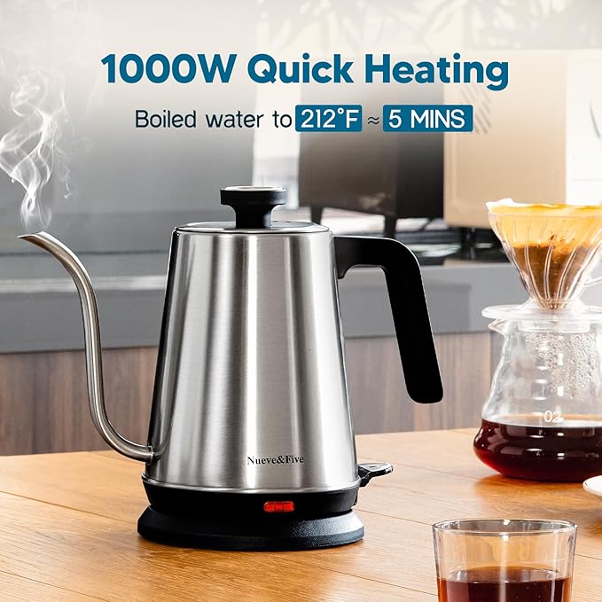 Nueve&Five Gooseneck Electric Kettle with Thermometer,Electric Tea Kettle 1L with Auto Shut-Off，1000W Hot Water Kettle of Stainless Steel,Pour Over Kettle for Coffee & Tea -Chrome