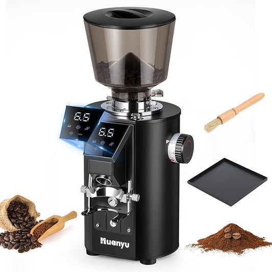 Huanyu Coffee Grinder Commercial with Touchscreen Control, Reinforced 35oz Hopper (40% Thicker), 8 Grind Settings, 64mm Flat Burr and Dual Dosing, For Coffee Shops and Home Use