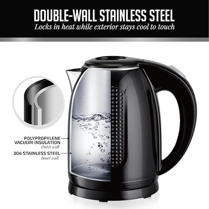 OVENTE 1.7L Double Wall Electric Tea Kettle, 1100W Water Boiler and Heater with Cool-Touch Exterior, Stainless Steel Insulated Interior, Auto Shut-Off, Boil-Dry Protection & Locking Lid, Black KD64B