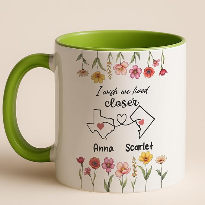 Personalized Friend Mug - Long Distance Best Friend Birthday Gifts - Birthday Wedding Gift For Women - Custom Names States - Floral Design - Thoughtful Coffee Cup