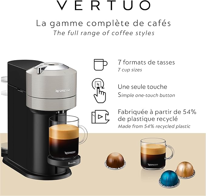 Nespresso Vertuo Next Coffee and Espresso Maker by Breville, with Aeroccino Milk Frother, Light Grey