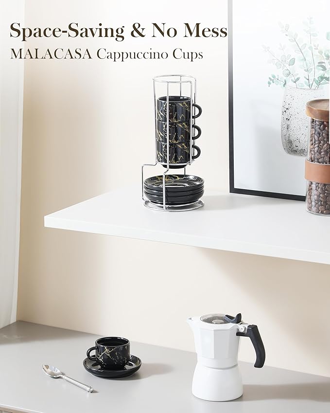 MALACASA 2.5 OZ Porcelain Espresso Cups with Saucers and Metal Stand Set of 4, Stackable Cappuccino Cups, Marble Black Expresso Shots Cup Set for Coffee Drinks, Latte, Tea