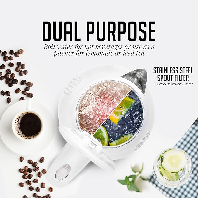 OVENTE 1.7L Double Wall Electric Tea Kettle, 1100W Water Boiler and Heater with Cool-Touch Exterior, Stainless Steel Insulated Interior, Auto Shut-Off, Boil-Dry Protection & Locking Lid, White KD64W