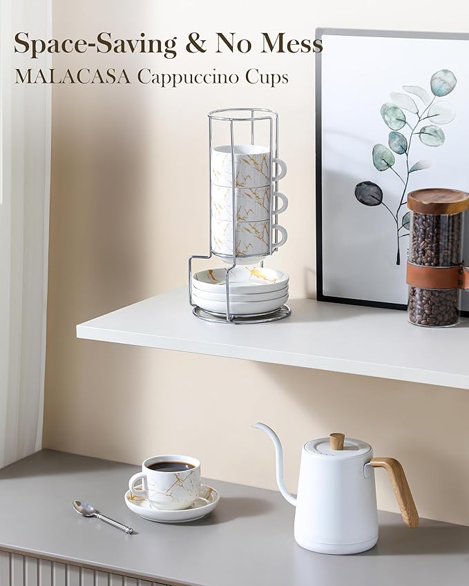 MALACASA 8 OZ Porcelain Espresso Cups with Saucers and Metal Stand Set of 4, Stackable Cappuccino Cups, Marble White Expresso Shots Cup Set for Coffee Drinks, Latte, Tea