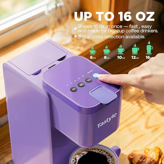 Single Serve Coffee Maker Hot and Iced with Bold Brew, Small Coffee Machine for K Cup and Ground, Fits 7.3'' Travel Mug, Brews up to 16 Oz, 5 Cup Sizes, Compact for Office, RV& Hotel, Purple