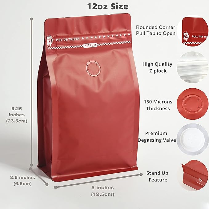 100 Count 12oz Red Coffee Bags with Aluminum Foil Liner, High Barrier Coffee Pouches with Degassing Valve, Ziplock Food Storage Bags with Pull Tape, Pack of 100, 12oz/0.75lb/340gram