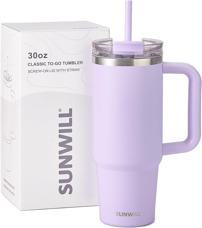 SUNWILL Coffee Tumbler with Handle, 30 oz Travel Mug with Lid and Straw Insulated, Stainless Steel Cup Leak Proof for Travel & Outdoor, Cupholder Friendly, Powder Coated Orchid