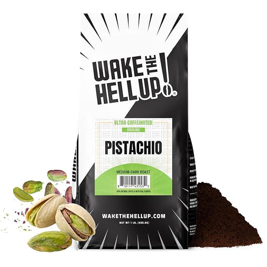 Wake The Hell Up! 1lb Ultra-Caffeinated Pistachio Ground Coffee, Low Acid, Medium-Dark Roast